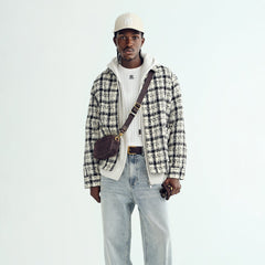 &Kin Windowpane Boucle Long Shirt Boxy Collared Overshirt - Sandrift