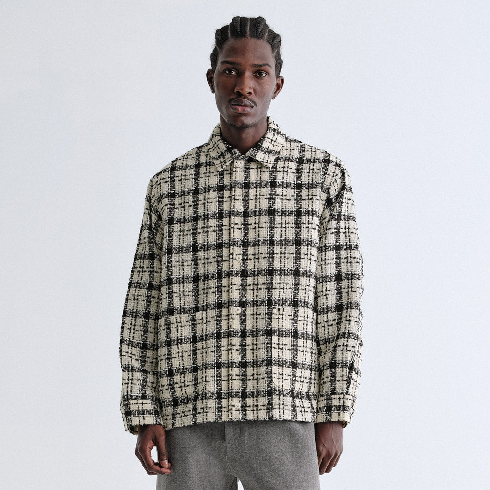 &Kin Windowpane Boucle Long Shirt Boxy Collared Overshirt - Sandrift
