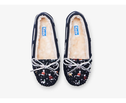 Moccasin Slipper Navy Cat Multi