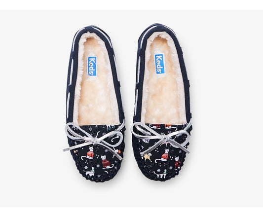 Moccasin Slipper Navy Cat Multi